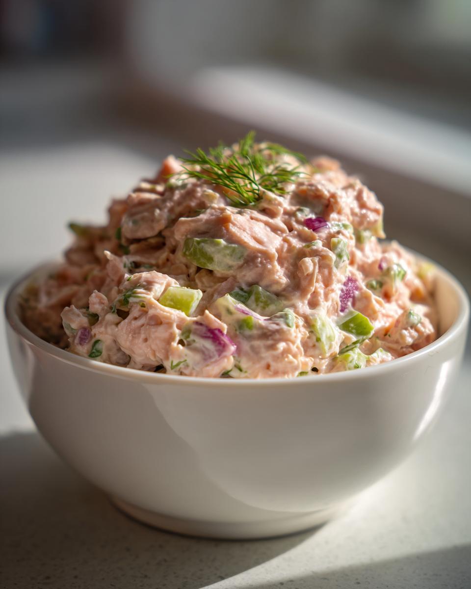 A close-up of creamy salmon salad mixed with celery and red onion, topped with dill, served in a white bowl.