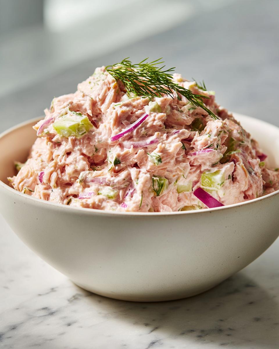 A generous serving of creamy salmon salad mixed with red onion and celery, topped with fresh dill.