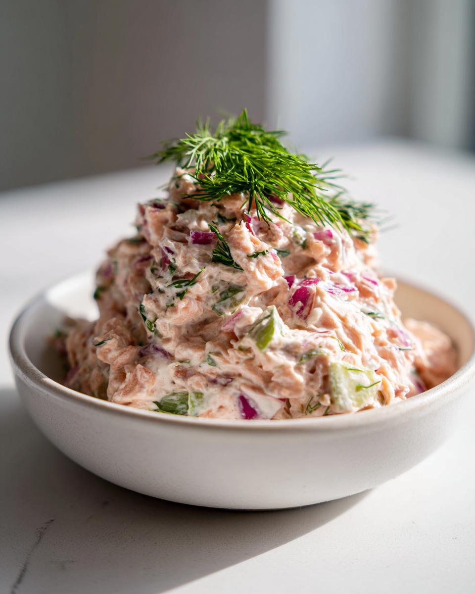 A mound of creamy salmon salad mixed with red onion and celery, topped with fresh dill.