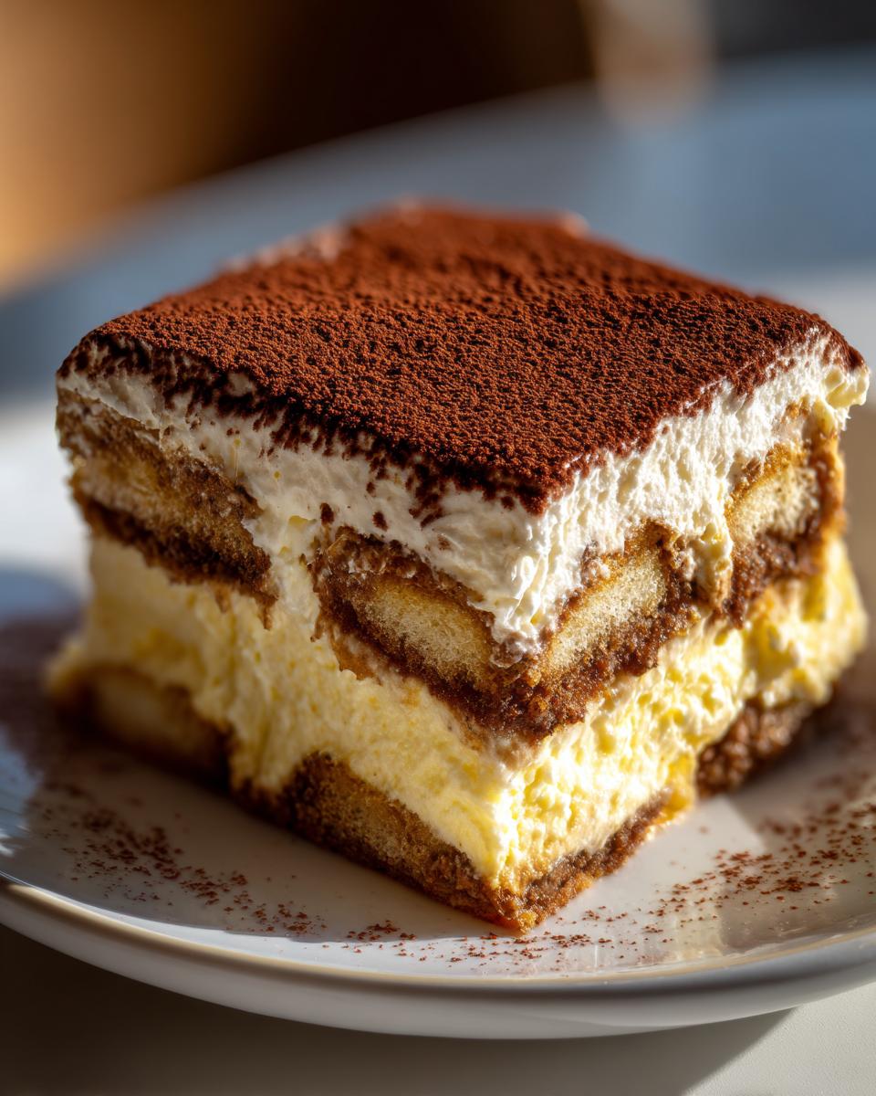 A perfect square slice of tiramisu recipe showing layers of cream, coffee-soaked ladyfingers, topped with cocoa powder.