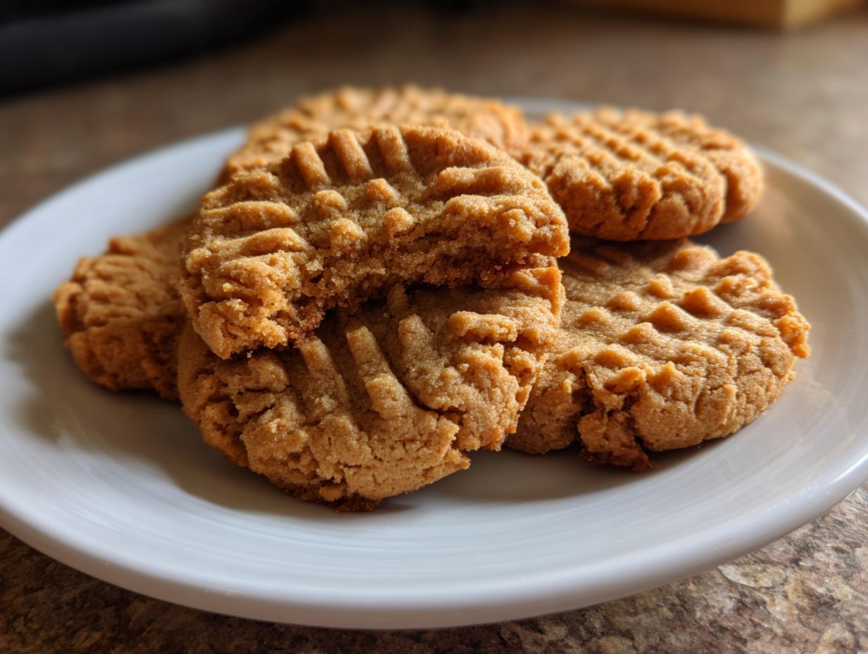 A stack of four classic, fork-pressed peanut butter cookies on a white plate, one cookie is broken open.