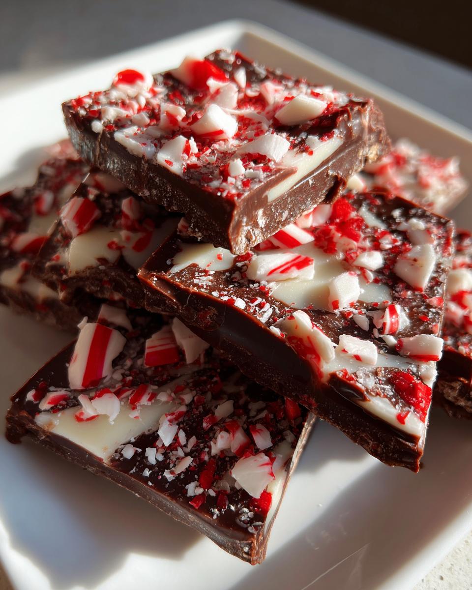 Stack of rich chocolate and white chocolate peppermint bark squares topped with crushed candy canes.