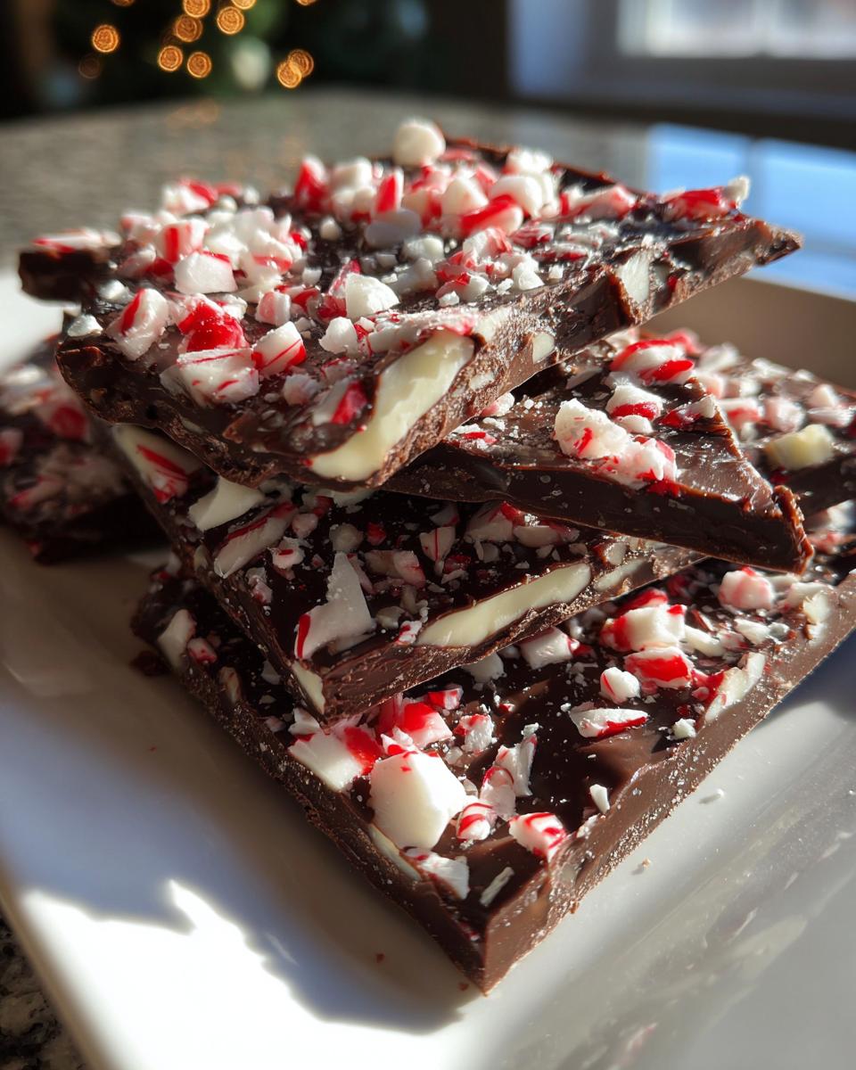 A stack of rich, dark chocolate peppermint bark pieces topped with crushed candy canes.