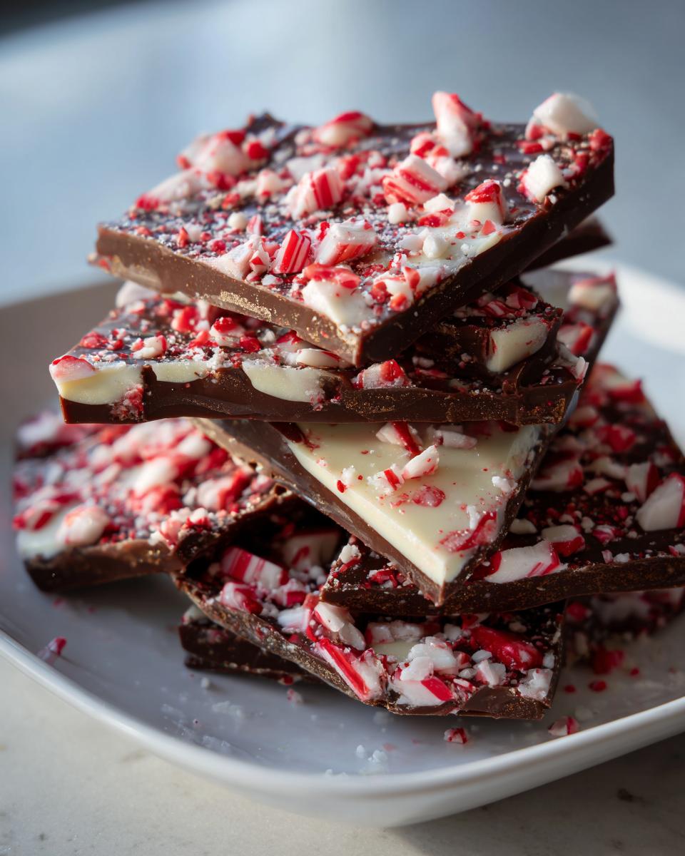 A stack of dark and white chocolate peppermint bark pieces topped with crushed candy canes.