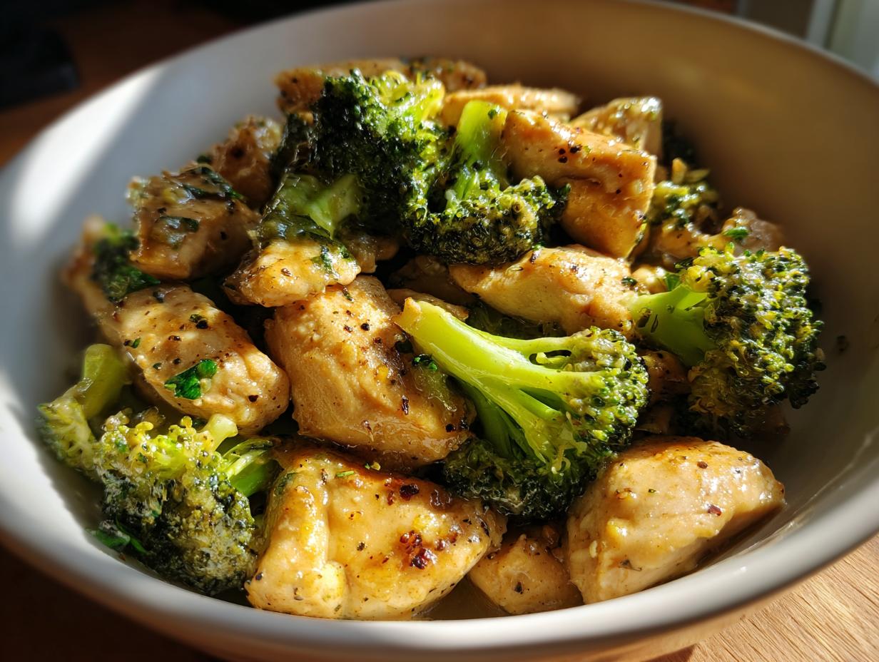 Close-up of golden brown chicken pieces mixed with vibrant green broccoli florets in a white bowl.