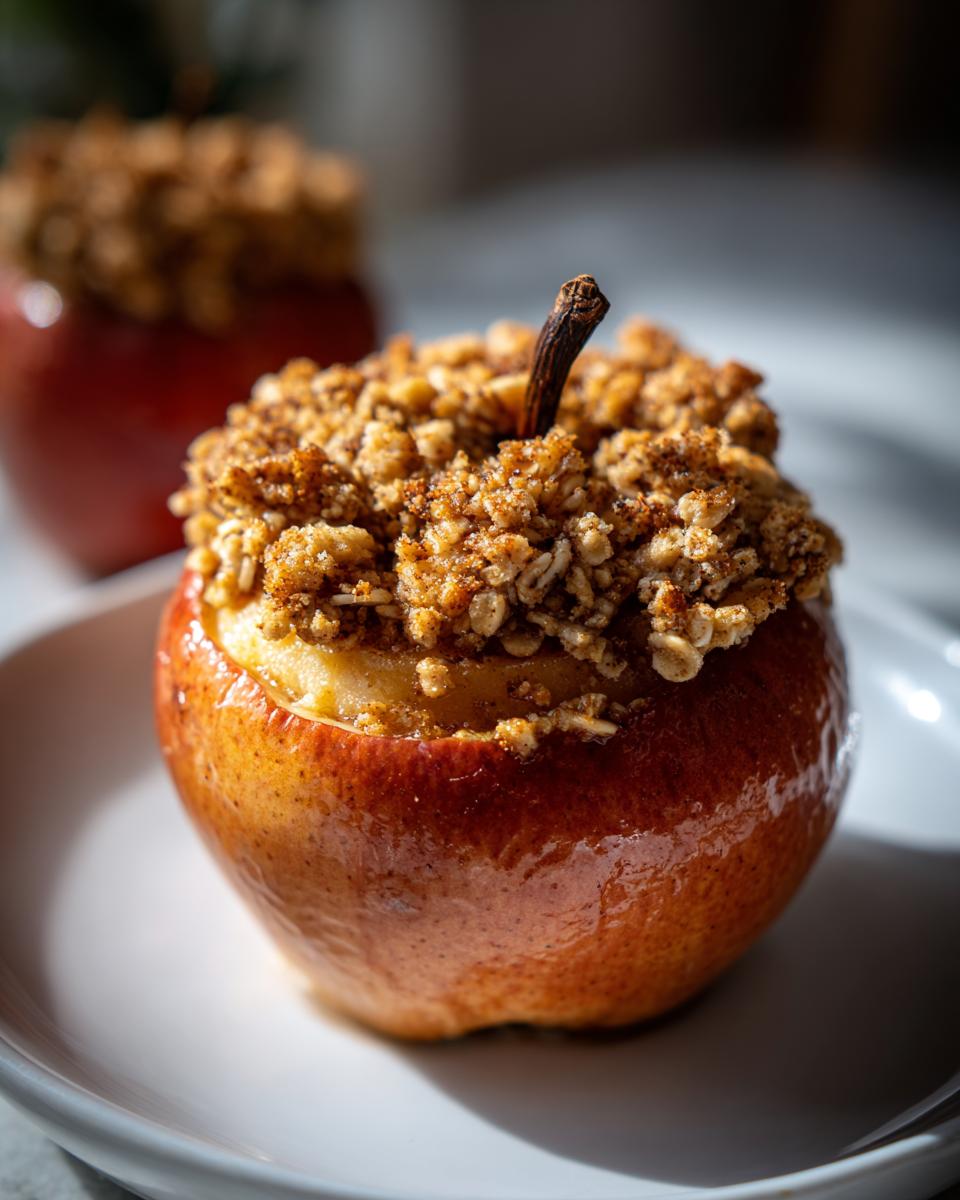 A close-up of a single baked apples dessert topped with a golden brown oat crumble, sitting on a white plate.