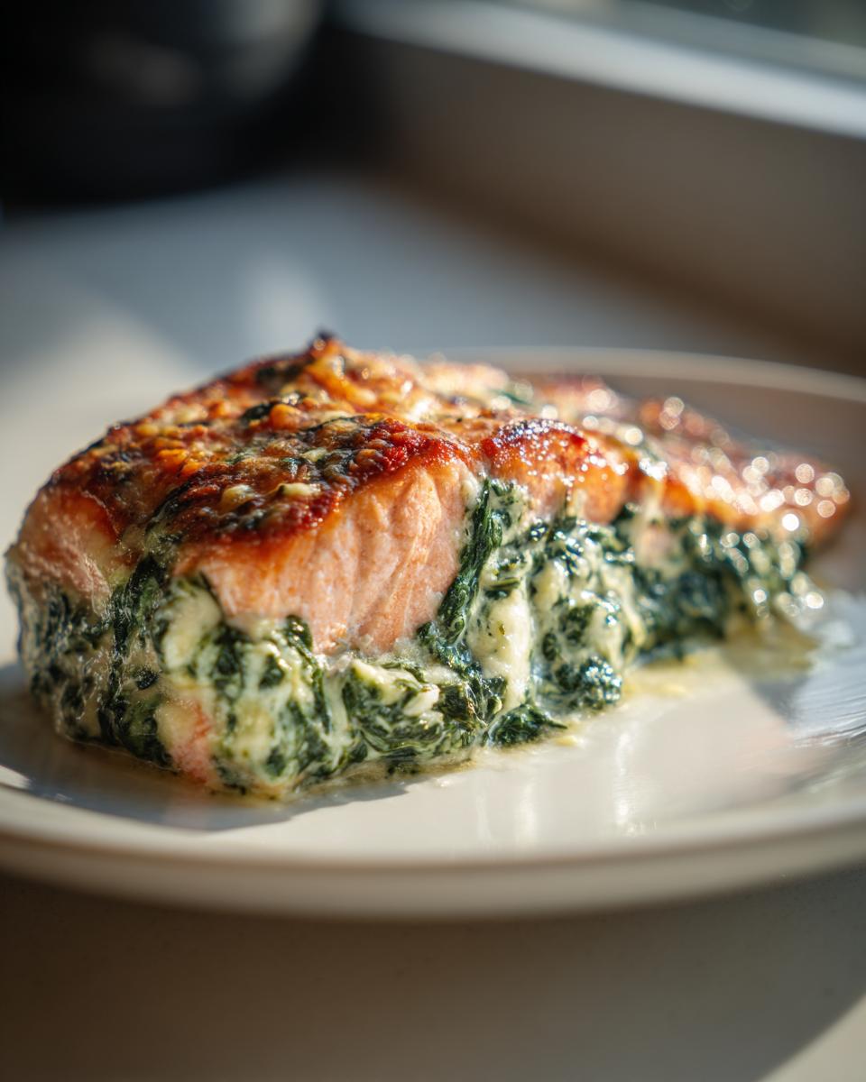 A close-up, sunlit photo of a perfectly cooked piece of stuffed salmon oozing creamy spinach filling.