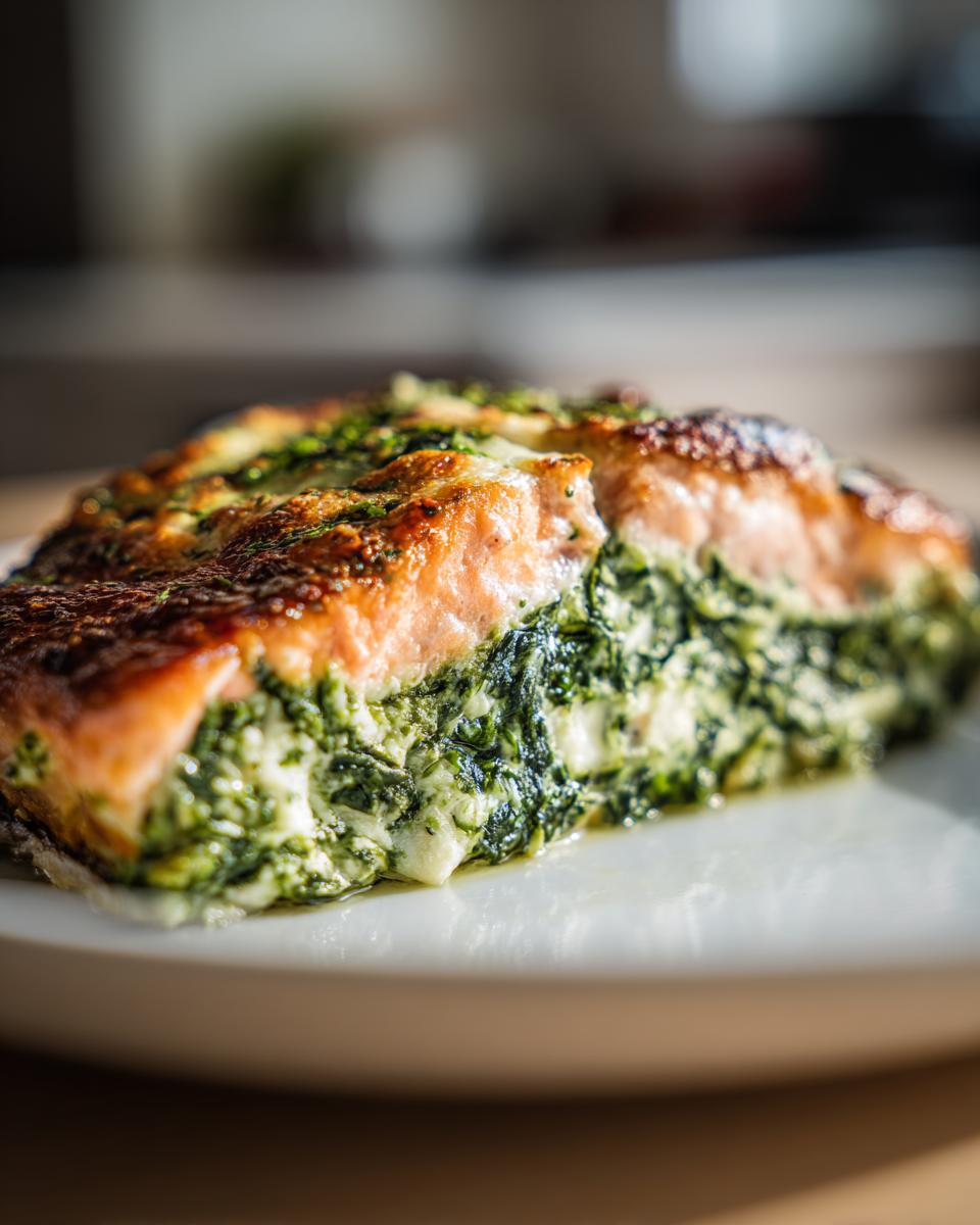 A close-up of a perfectly baked stuffed salmon fillet filled with creamy spinach, served on a white plate.