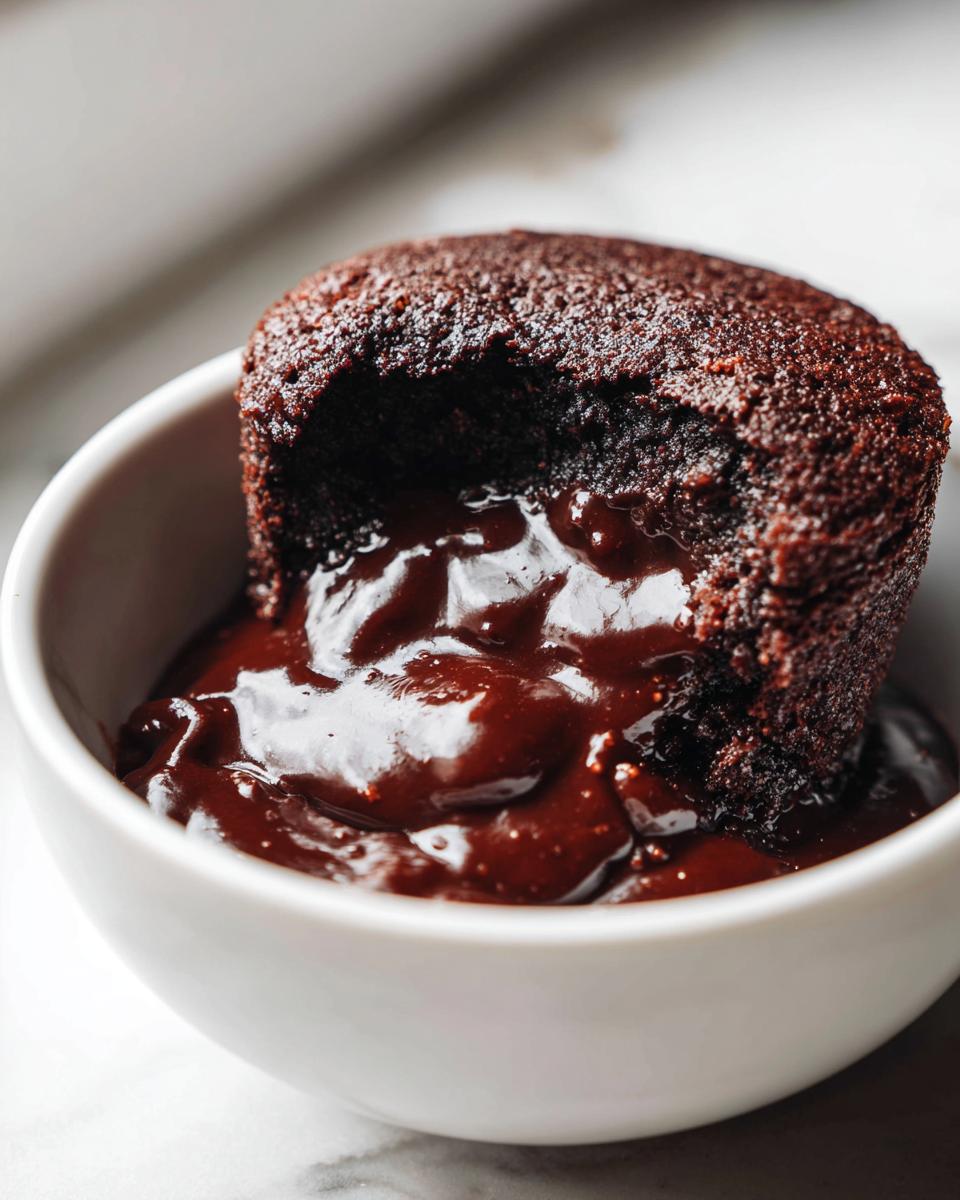 Close-up of a rich chocolate pudding cake with molten chocolate sauce oozing out into a white bowl.