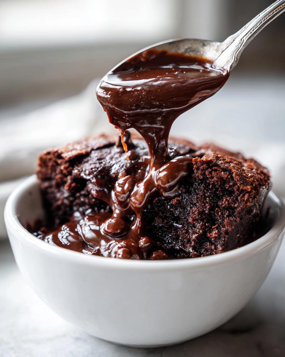 A spoonful of rich, dark chocolate sauce is poured over a serving of moist chocolate pudding cake in a white bowl.