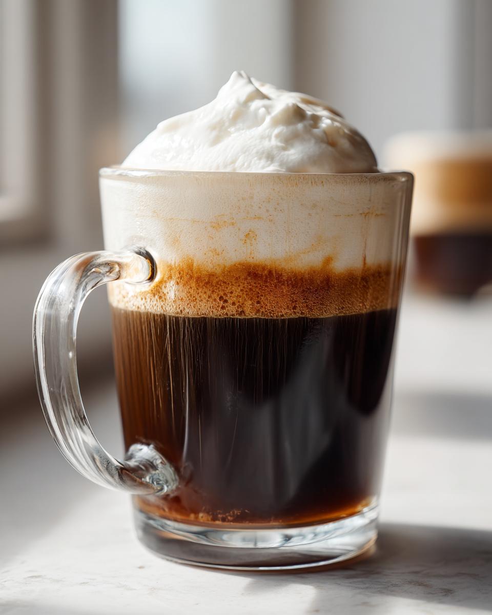 Close-up of a rich, dark Irish Coffee topped with a thick layer of whipped cream.