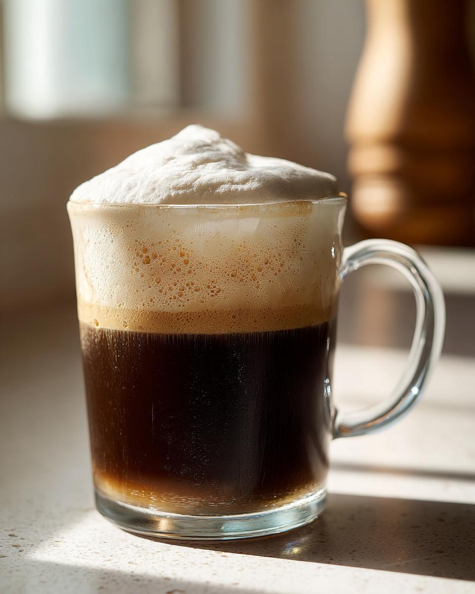 A close-up of a perfectly layered Irish Coffee in a clear glass mug, topped with thick whipped cream.