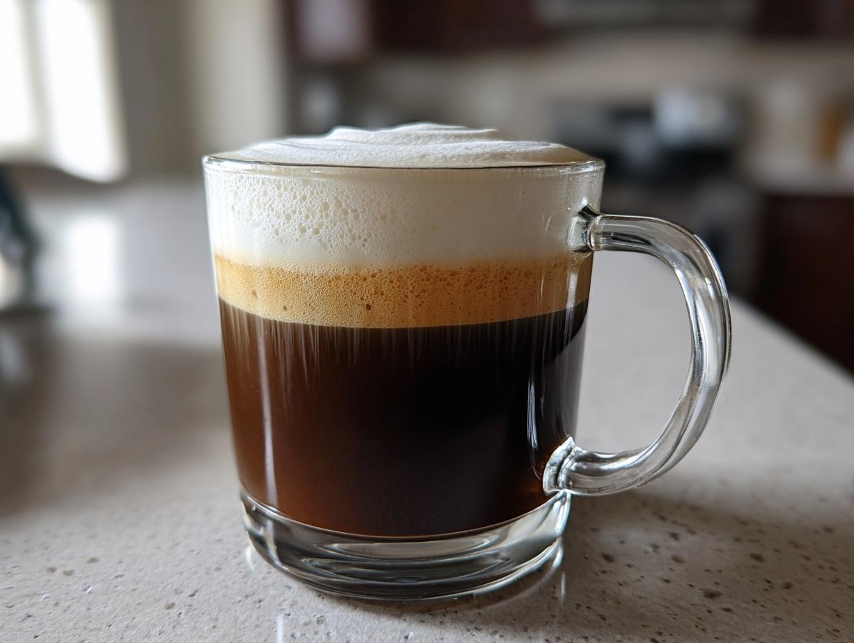 Close-up of a freshly made Irish Coffee in a clear glass mug, showing dark coffee, crema, and thick cream topping.