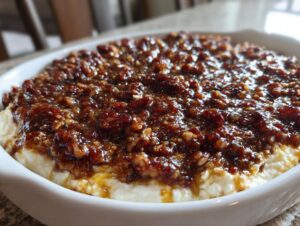 A close-up of a creamy pecan pie dip topped with a rich, glossy pecan and caramel mixture in a white serving dish.