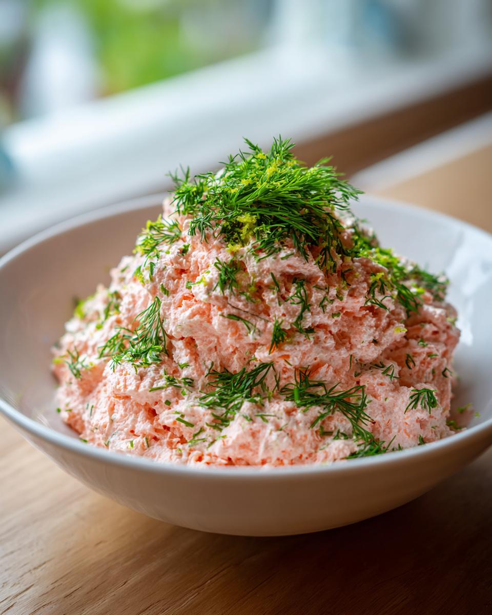 A bowl of creamy, pink salmon dip generously topped with fresh dill and lime zest.