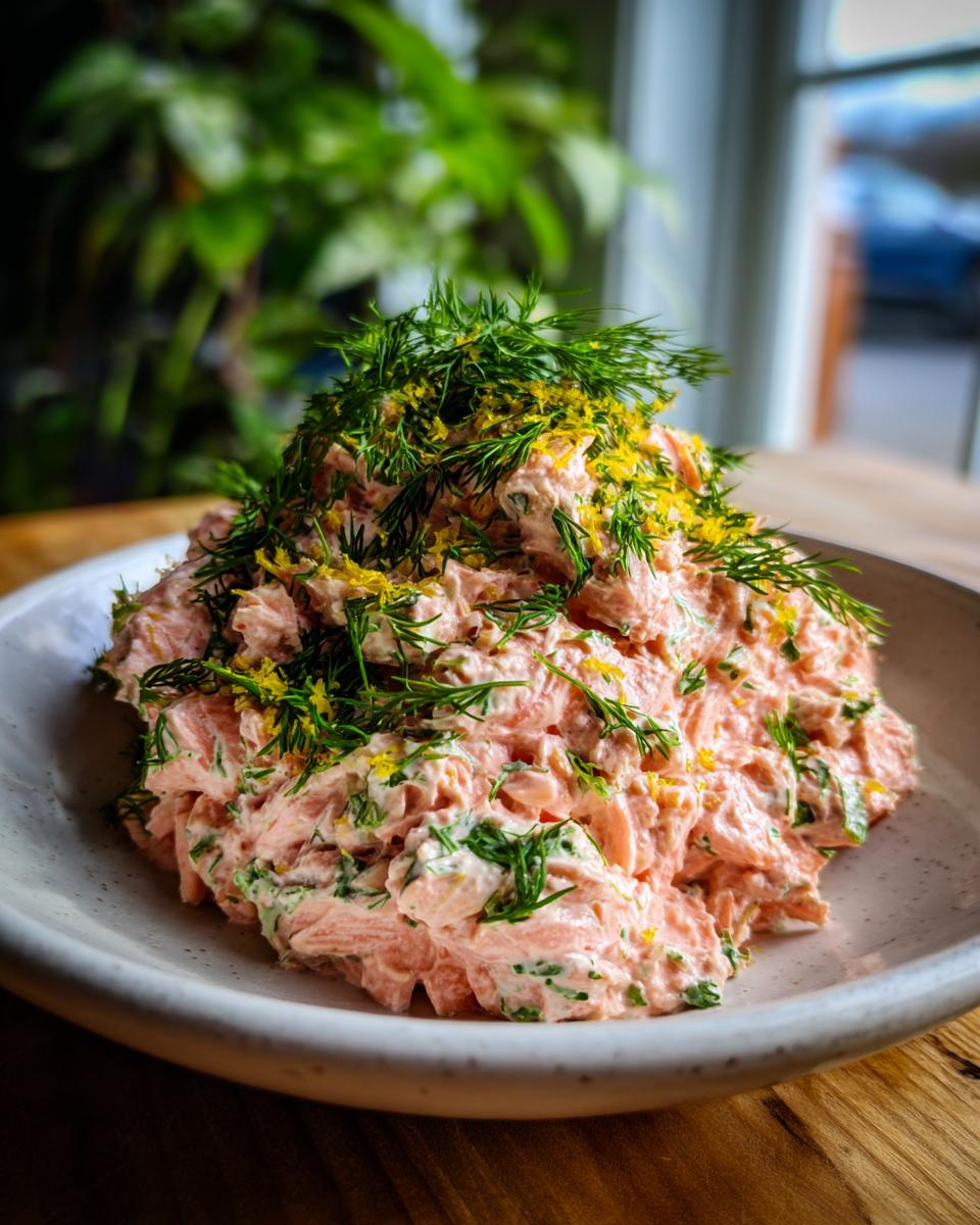 A mound of creamy pink salmon dip generously topped with fresh dill sprigs and bright yellow lemon zest.