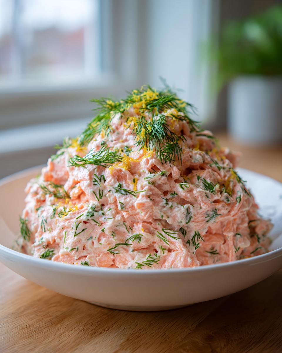 A generous mound of creamy pink salmon dip mixed with fresh dill, topped with lemon zest.