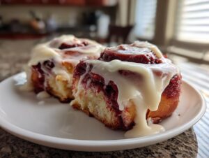 Two delicious red velvet cinnamon rolls covered in thick white cream cheese frosting on a white plate.