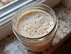 Overhead view of an active sourdough starter in a glass jar, showing a thick layer of bubbles on the surface.