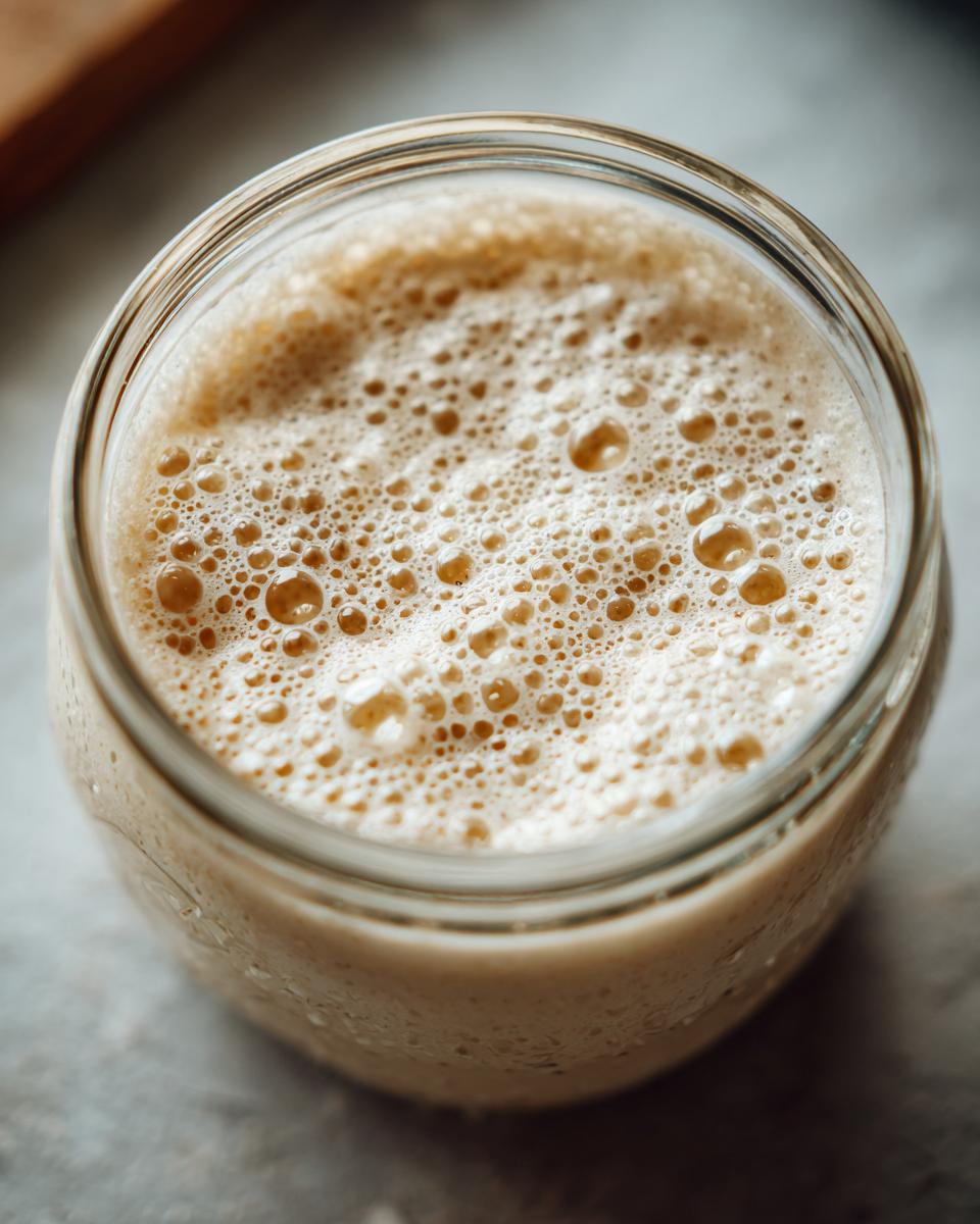 Overhead close-up of a very active sourdough starter in a glass jar, showing a thick layer of bubbles.