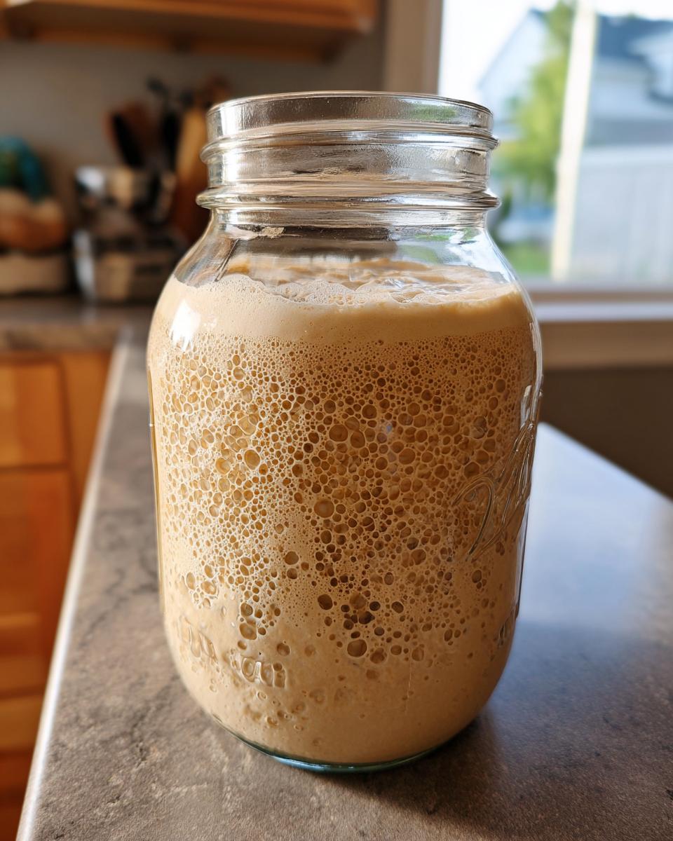 A highly active sourdough starter, full of bubbles, filling a clear glass mason jar.