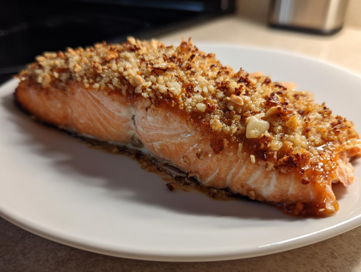 A close-up of a perfectly cooked piece of air fryer salmon topped with a crispy, golden-brown garlic or nut crust.