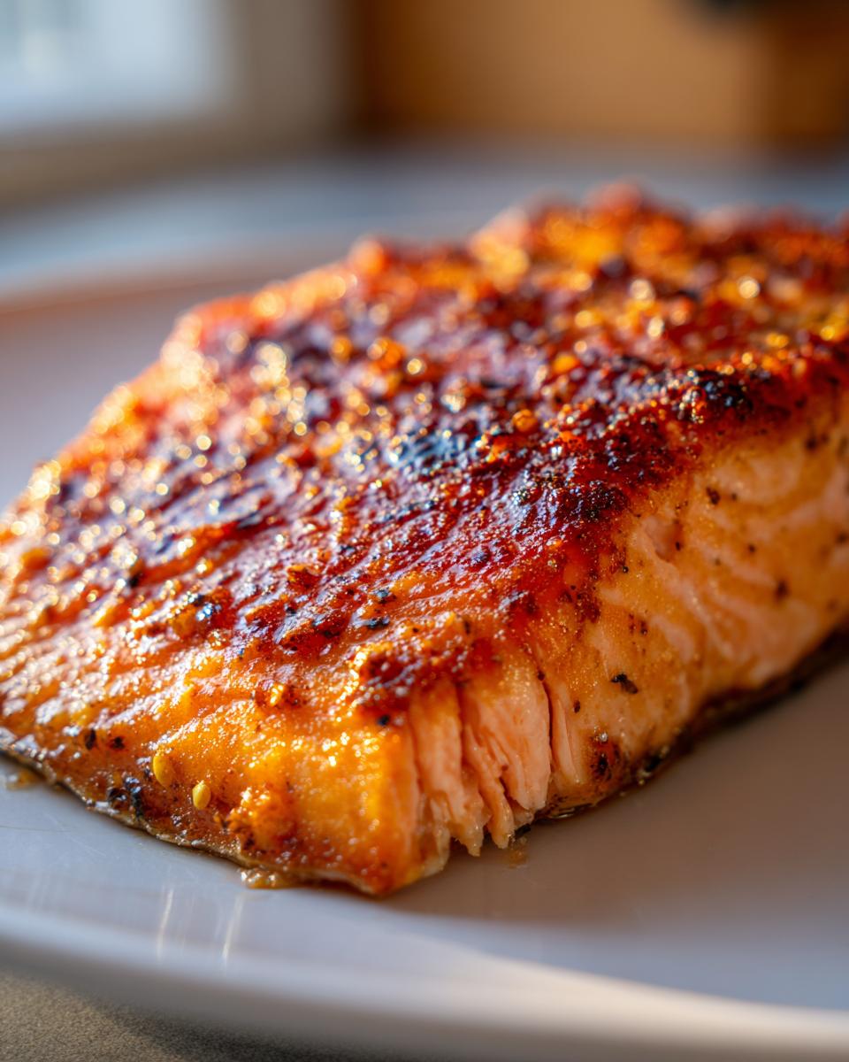 Close-up of a beautifully caramelized and seasoned air fryer salmon fillet resting on a white plate.