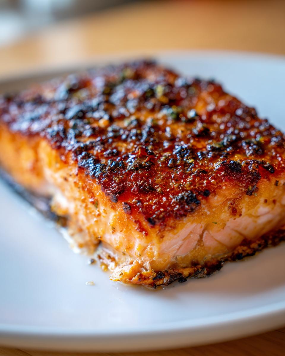 Close-up of a perfectly cooked, glazed air fryer salmon fillet with a crispy, seasoned top.