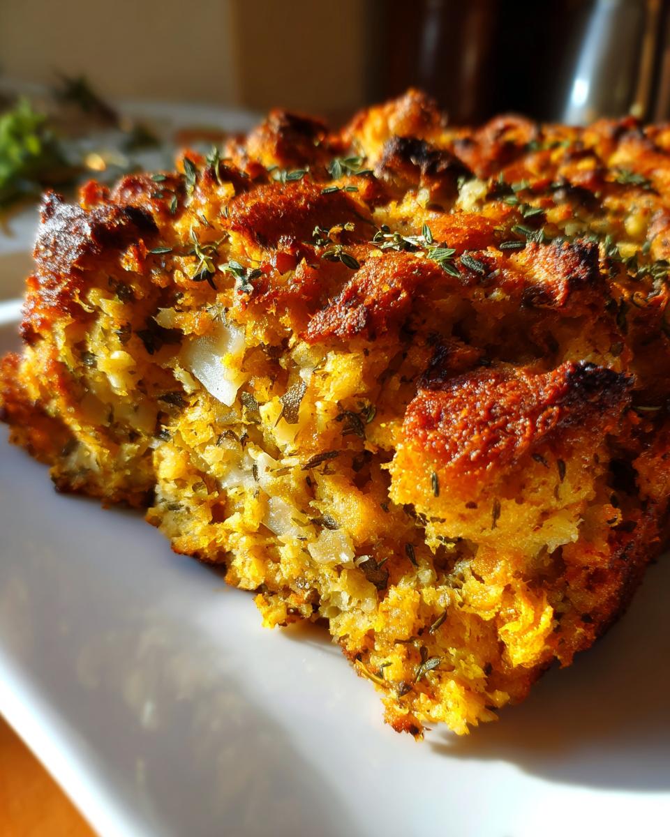 Close-up of a golden brown, savory piece of baked stuffing topped with fresh thyme.