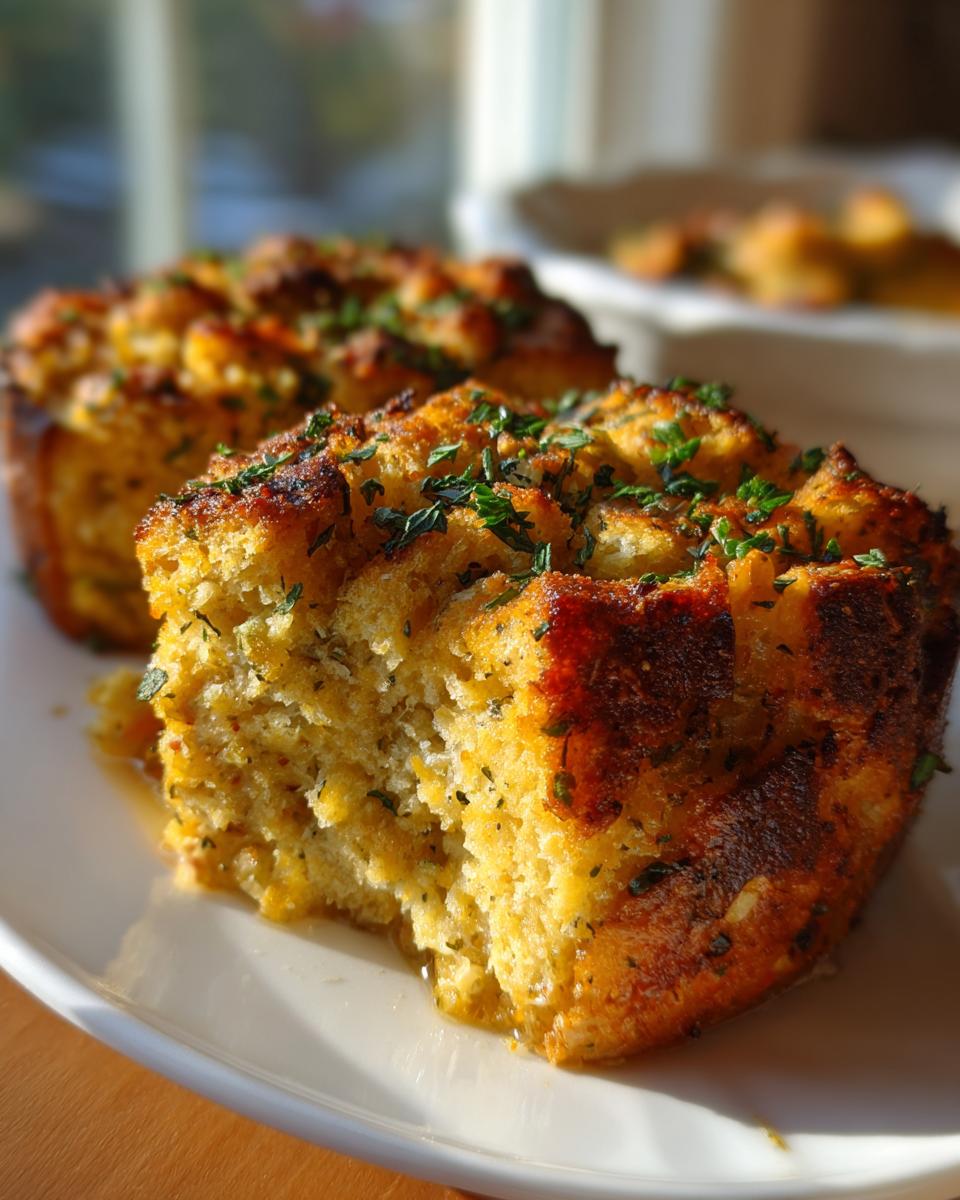 Close-up of a moist, golden brown slice of baked stuffing topped with fresh parsley.