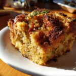 Close-up of a perfectly baked slice of savory stuffing with a crispy, browned top and fresh thyme garnish.