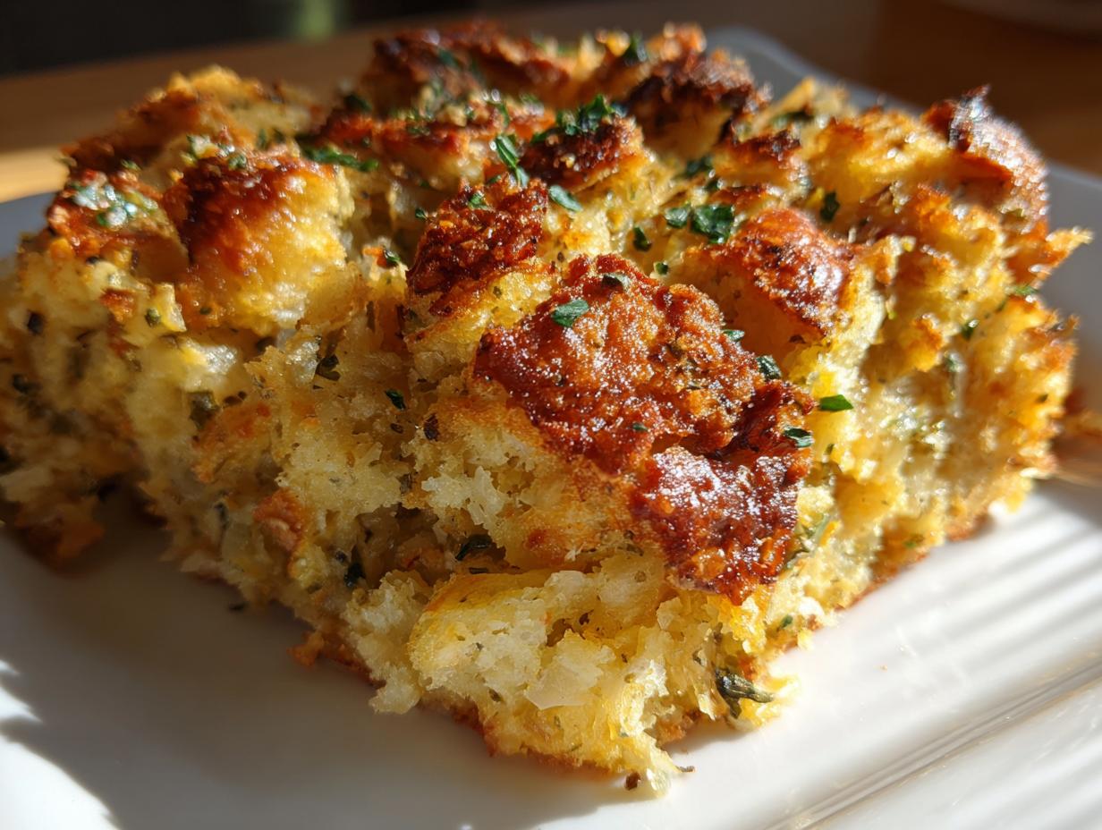 Close-up of a perfectly baked slice of stuffing with a crispy, golden-brown top and visible herbs.