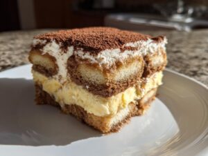 Close-up of a layered slice of tiramisu recipe, dusted heavily with cocoa powder.