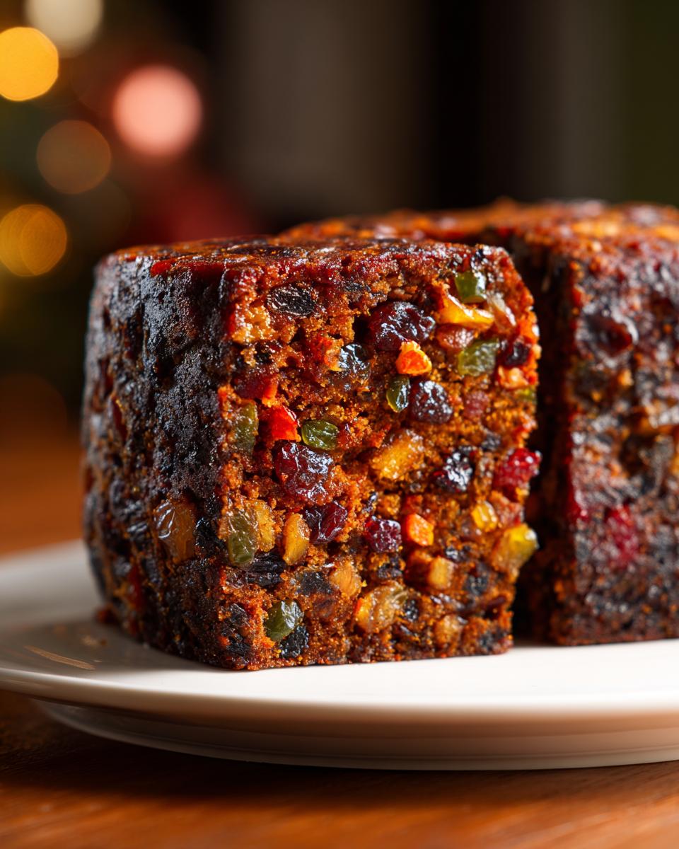 Close-up of a thick slice of dark, dense fruit cake packed with colorful candied fruits.