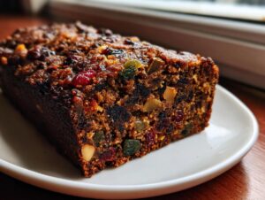 Close-up of a dense slice of amazing 450 calorie fruit cake packed with colorful dried fruits and nuts.
