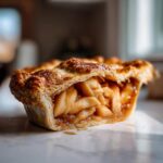 A close-up view of a slice of amazing apple pie recipe showing thick, caramelized apple filling and a golden, flaky crust.