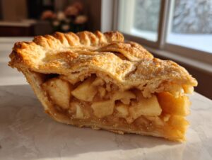 Close-up of a thick slice of amazing apple pie recipe showing flaky crust and chunky cinnamon apple filling.