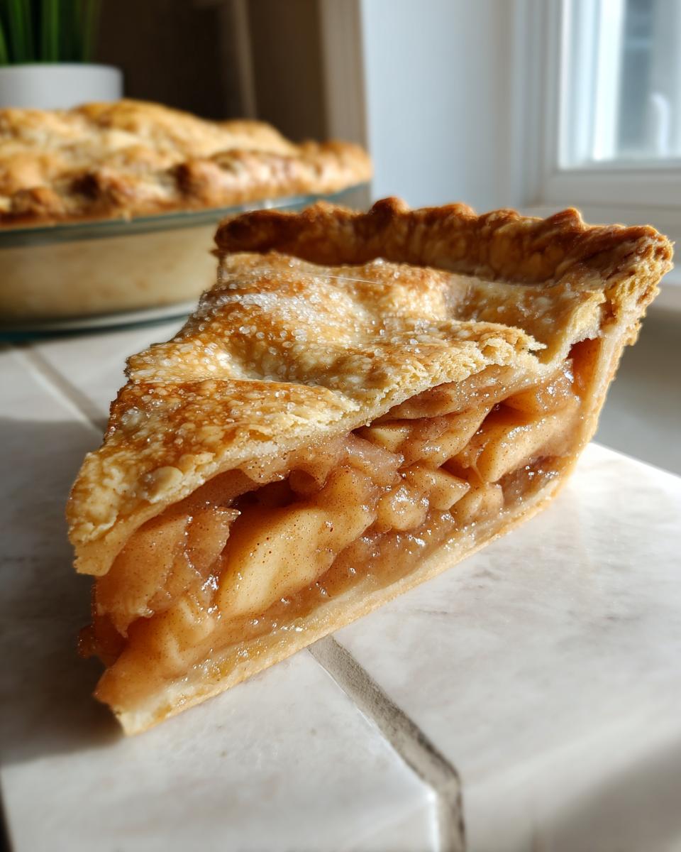 Close-up of a thick slice of apple pie recipe showing flaky crust and cinnamon-spiced apple filling.