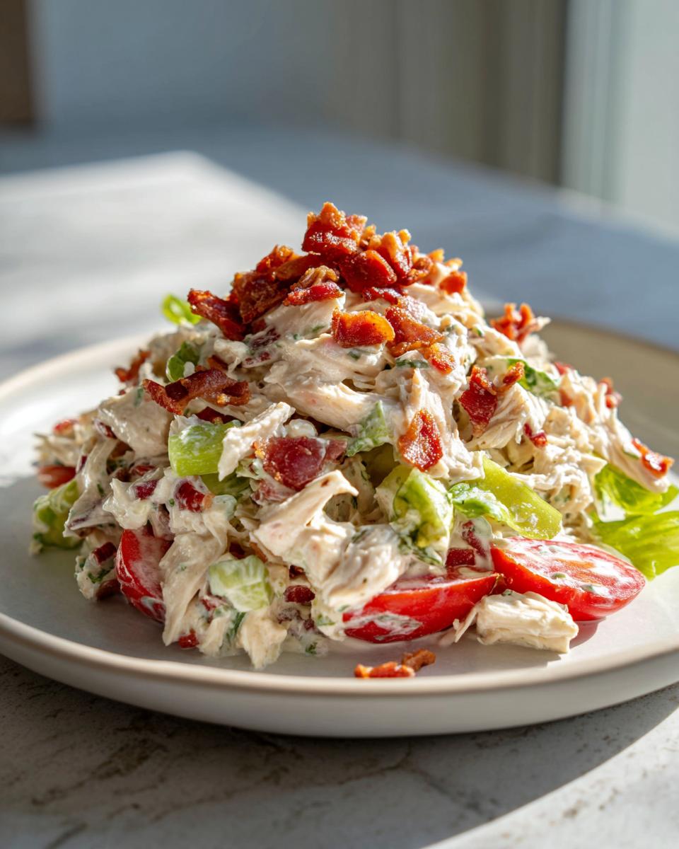 A generous serving of amazing blt chicken salad piled high with shredded chicken, creamy dressing, tomatoes, and topped with crispy bacon.