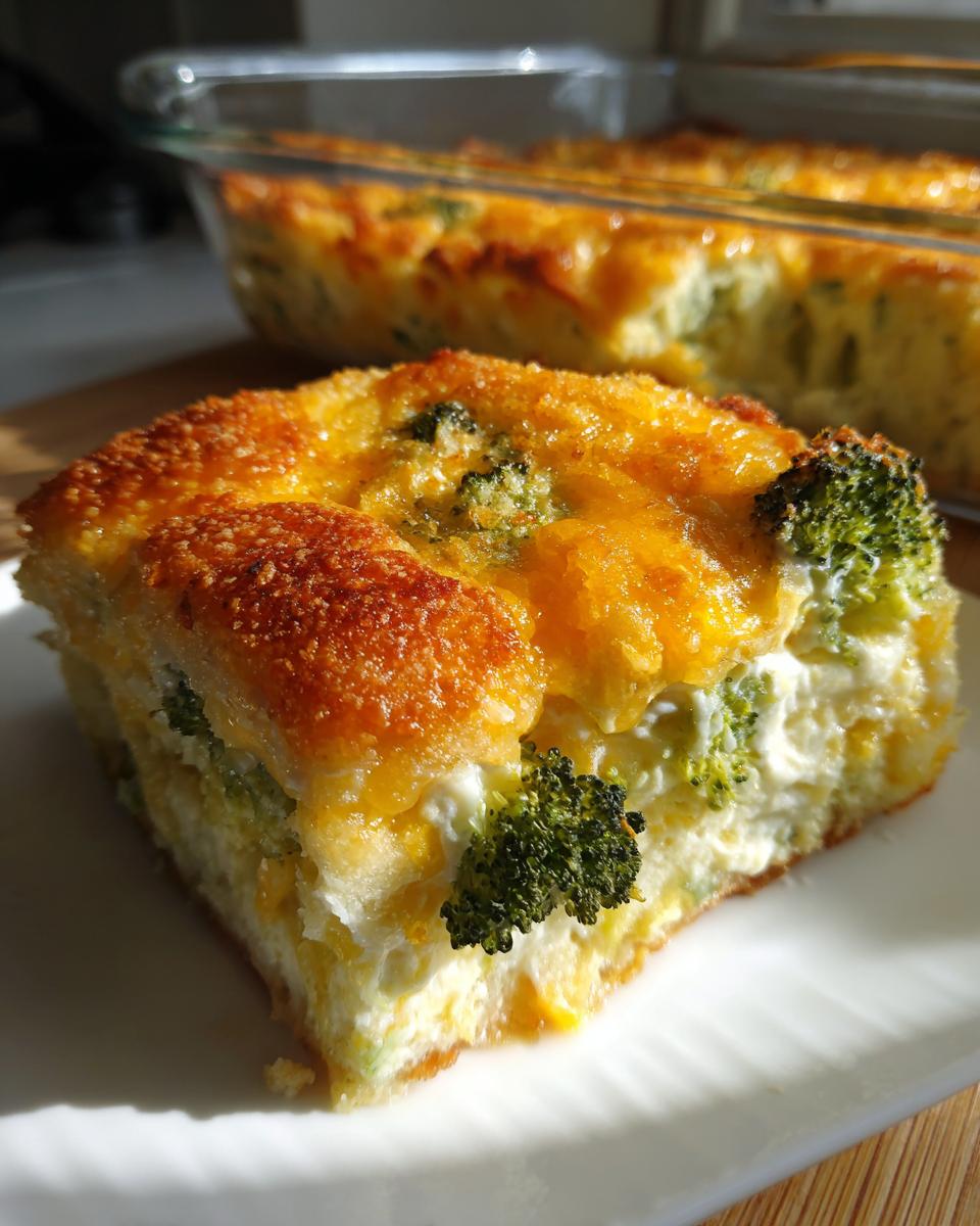 A close-up slice of cheesy, baked broccoli casserole on a white plate with the baking dish in the background.