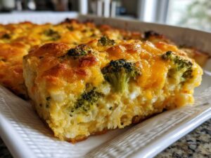 Close-up of a square slice of baked broccoli casserole topped with melted, golden cheddar cheese.