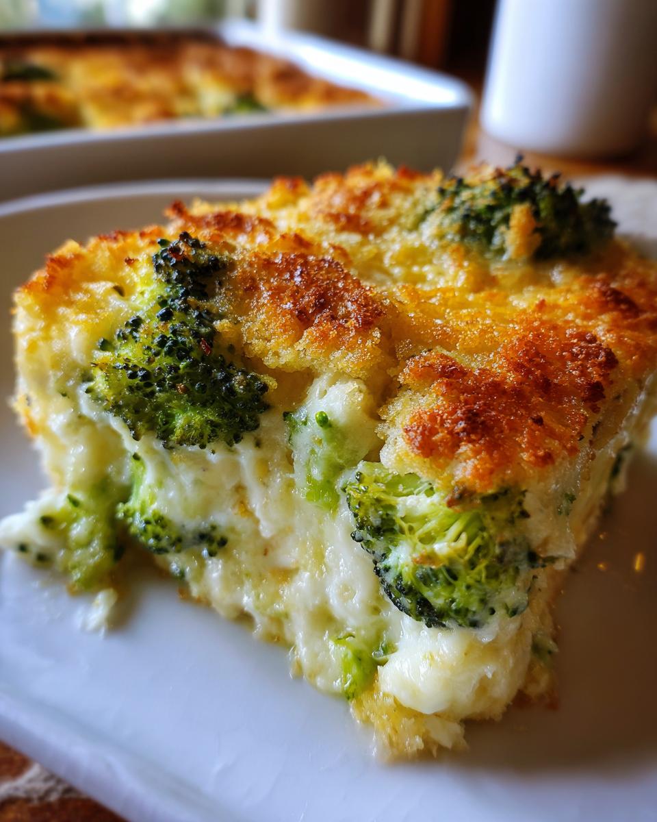 Close-up of a creamy, cheesy slice of broccoli casserole with a golden, crunchy topping.