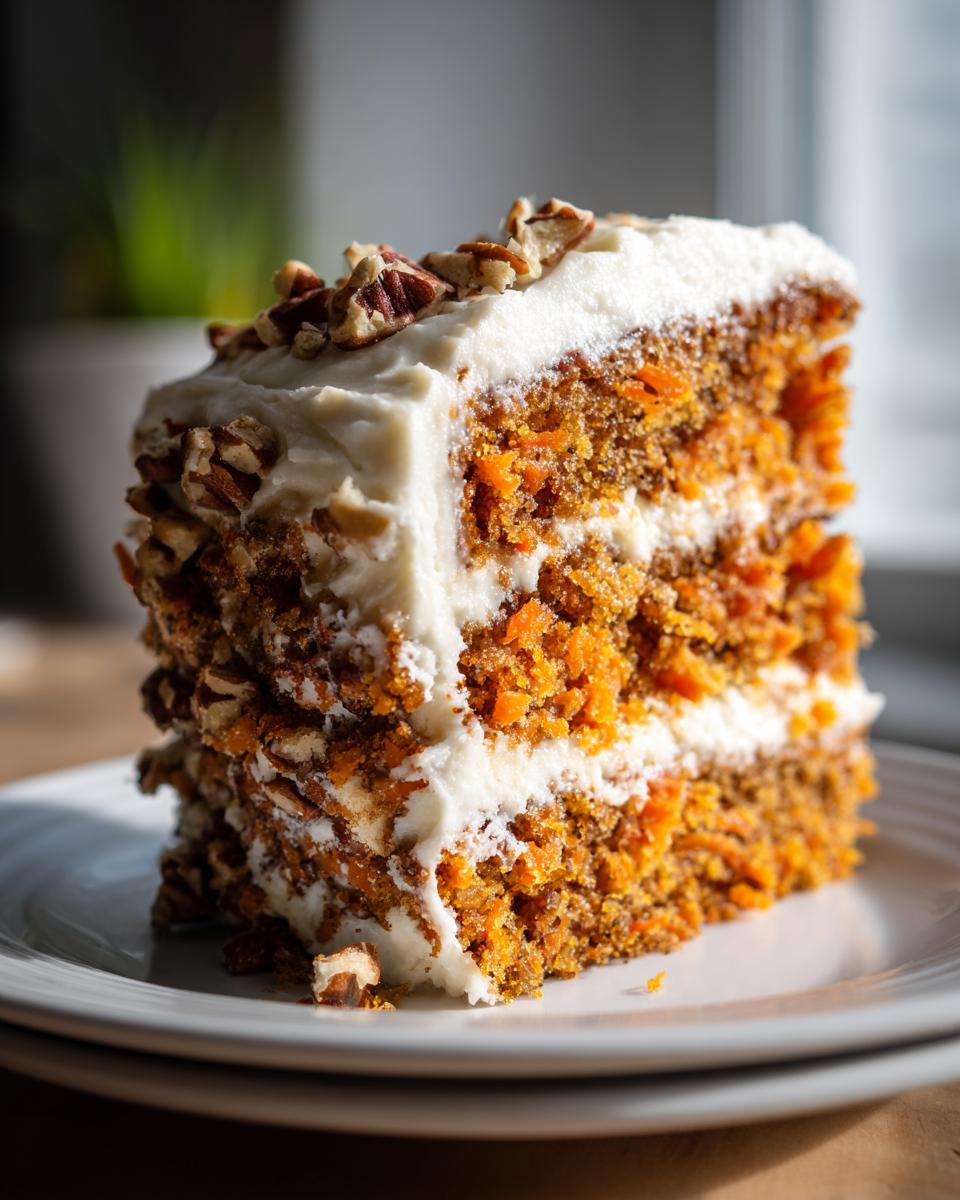 Close-up of a tall slice of carrot cake recipe with thick cream cheese frosting and chopped pecans on top.