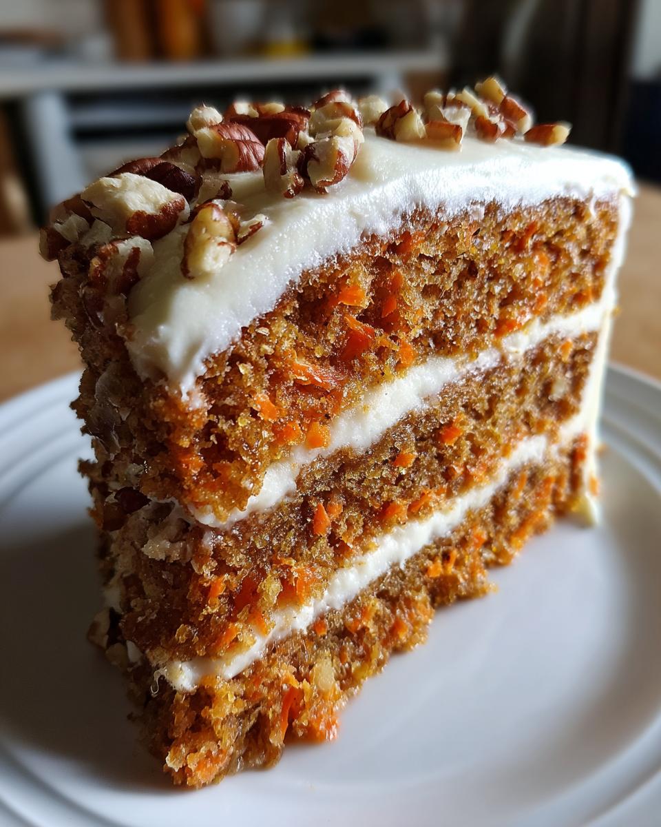 Close-up of a tall slice of carrot cake recipe with three layers, cream cheese frosting, and pecans on top.