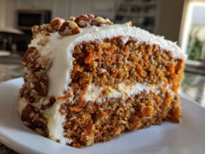A close-up of a moist slice of carrot cake recipe, layered with cream cheese frosting and topped with pecans.
