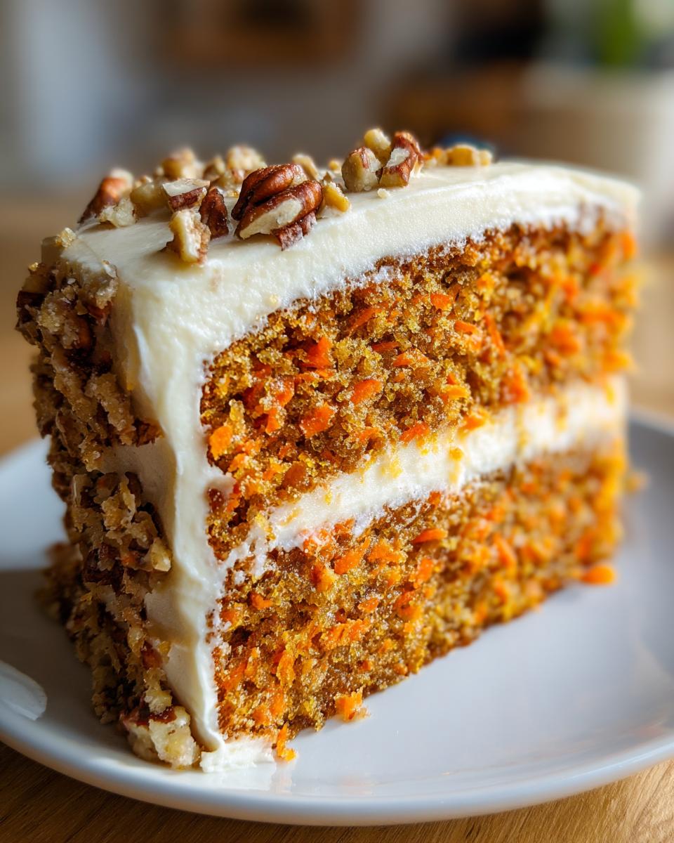 A close-up slice of moist carrot cake recipe layered with cream cheese frosting and topped with pecans.