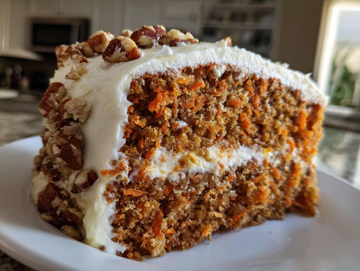 A close-up of a moist slice of carrot cake recipe, layered with cream cheese frosting and topped with pecans.