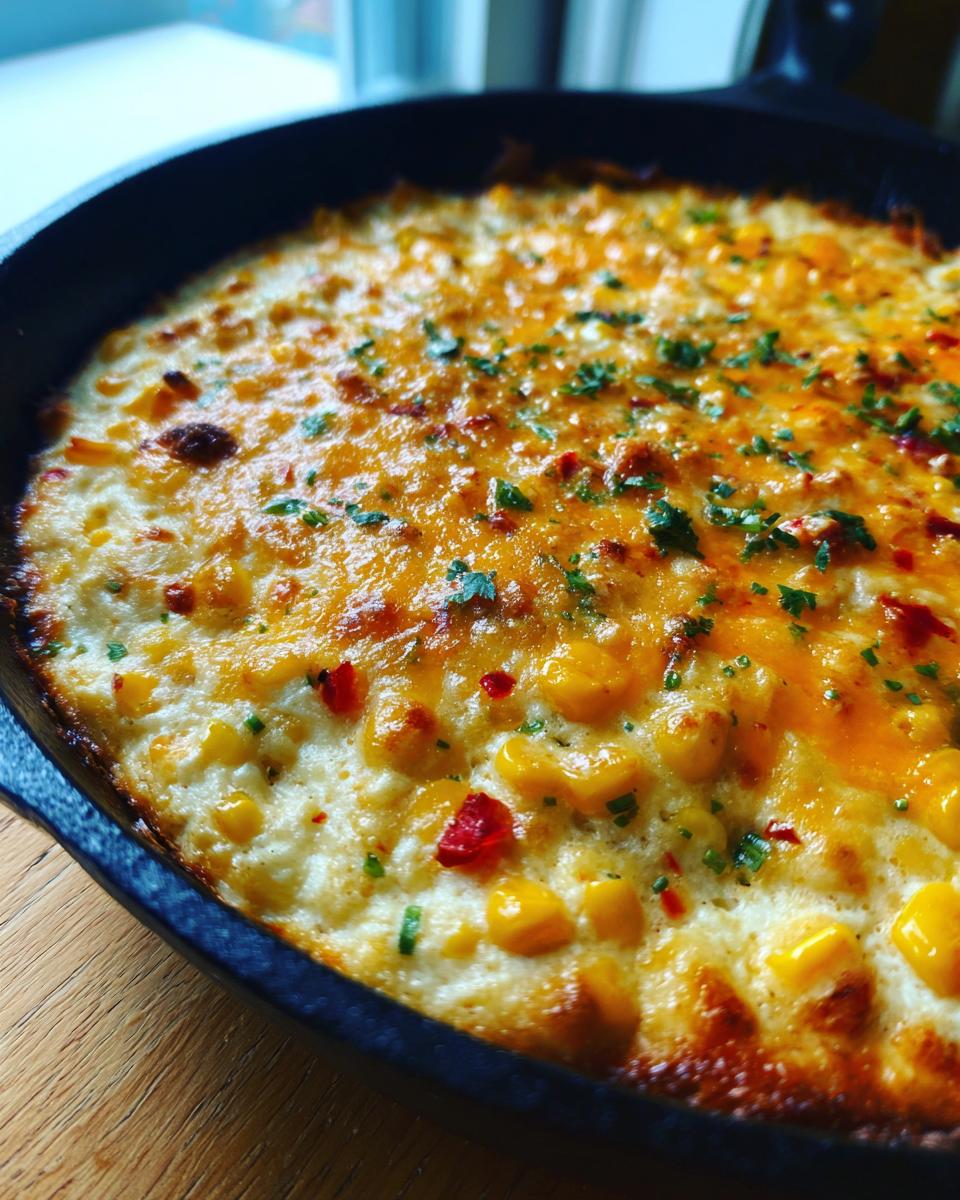 Close-up of hot, baked corn dip with cream cheese, melted cheddar, and parsley in a cast iron skillet.