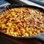 Close-up of hot, bubbly corn dip with cream cheese, topped with melted cheese, chili slices, and parsley.