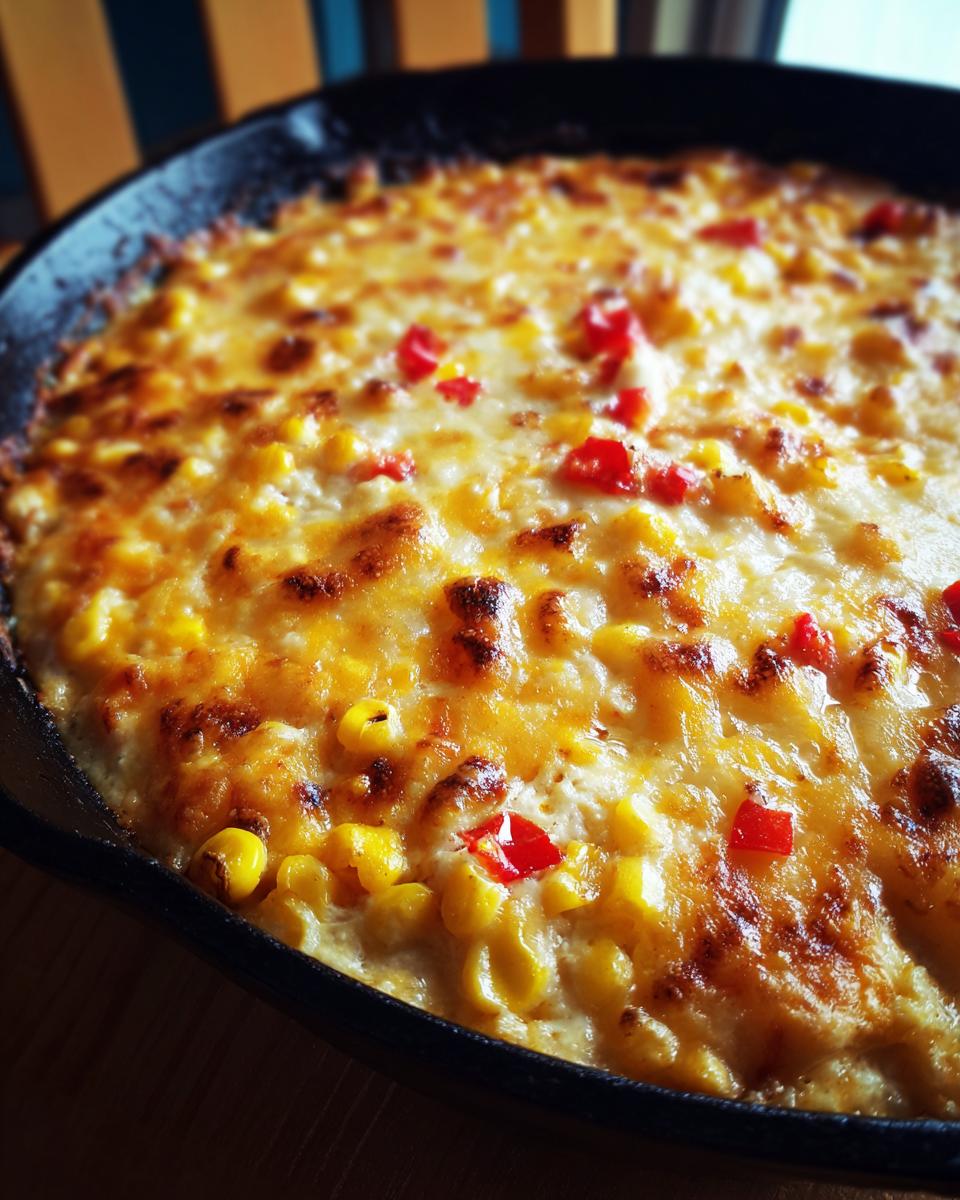 Close-up of hot, bubbly corn dip with cream cheese, topped with melted cheese and red peppers in a cast iron skillet.